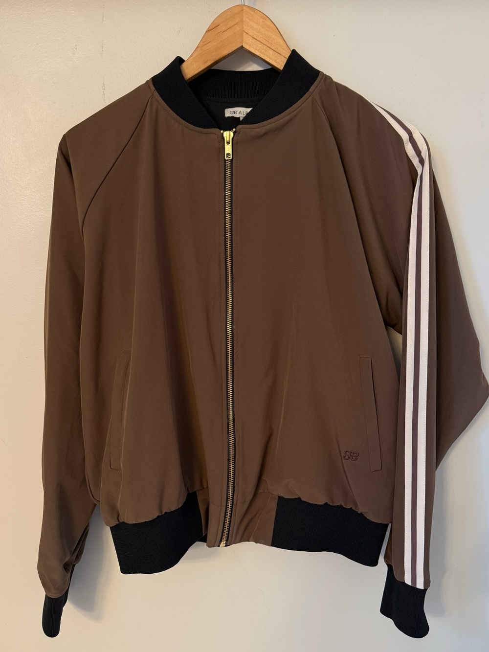 Albion Fit Brown Bomber Jacket with Tan Striped Sleeves